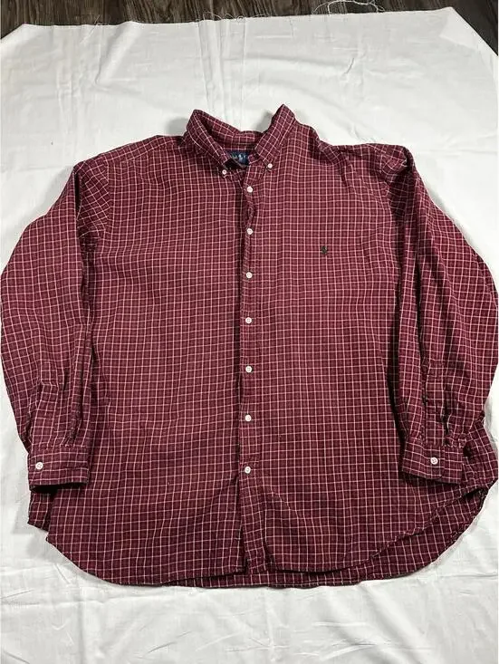 Polo Ralph Lauren Men 3XB Plaid Button Down Shirt Dark Red Green White Cotton - Picture 1 of 6